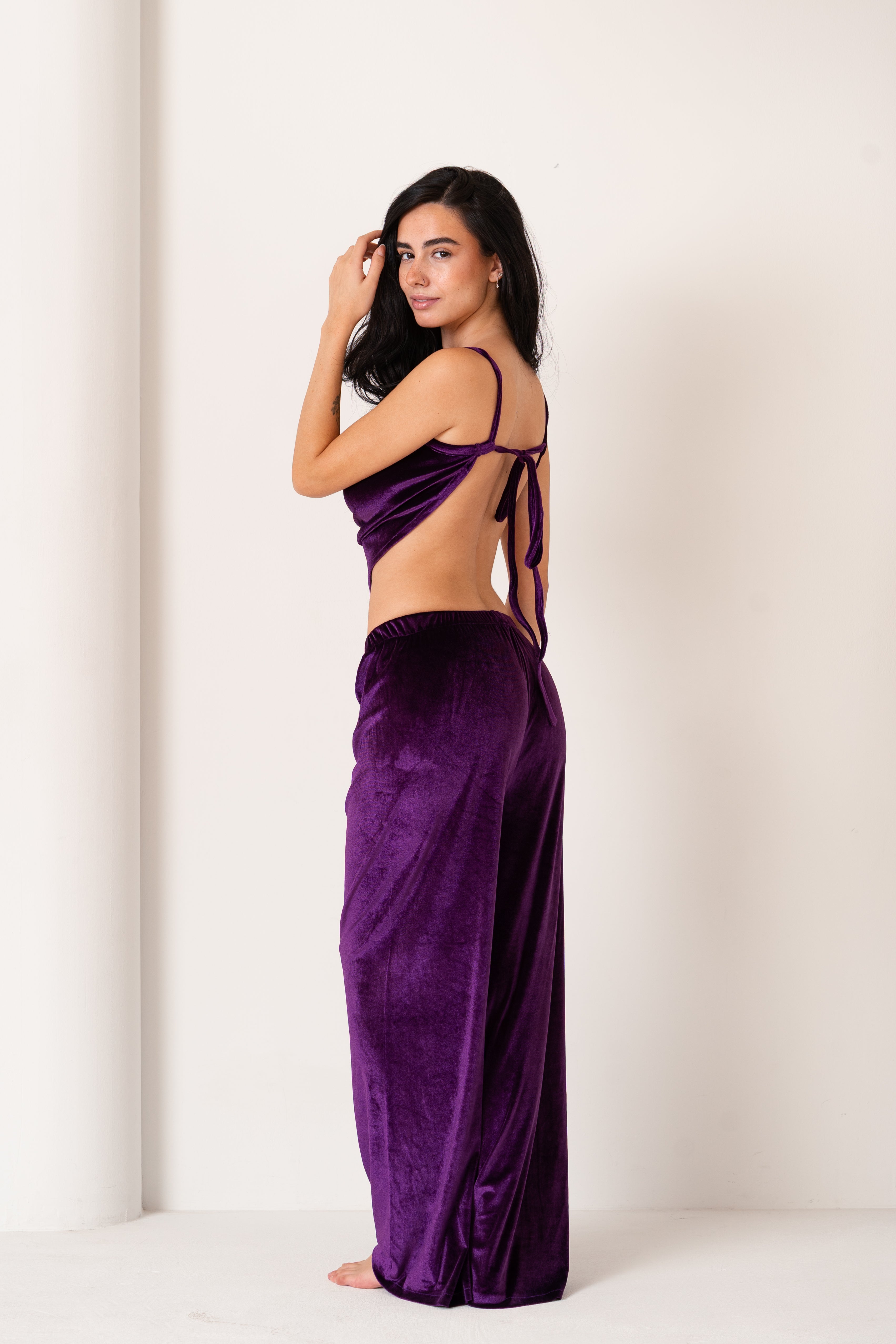 Velvet V-Shaped Top And Wide Pants | Dark Purple