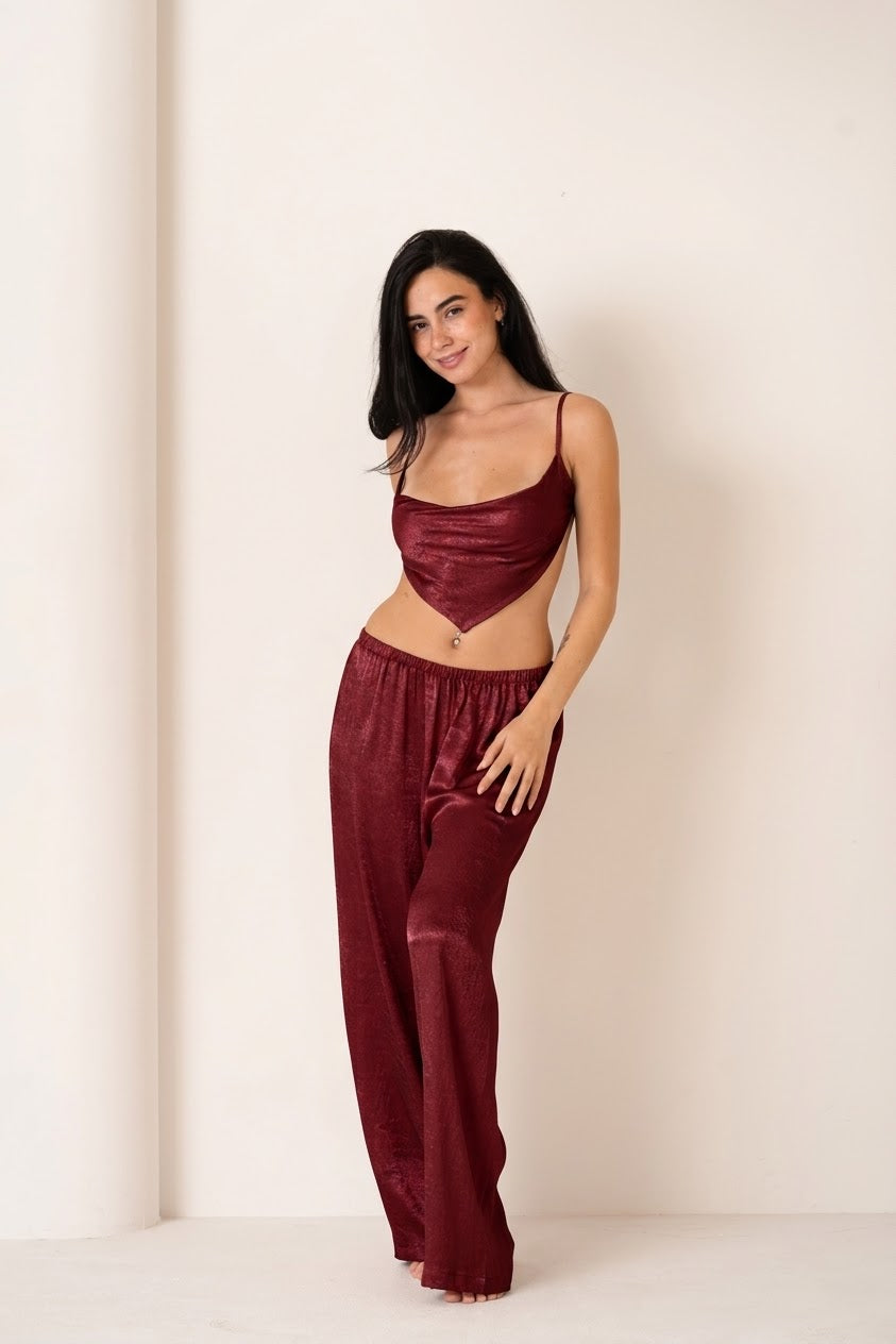 Burgundy Allure | V Shaped Top And Pants Set