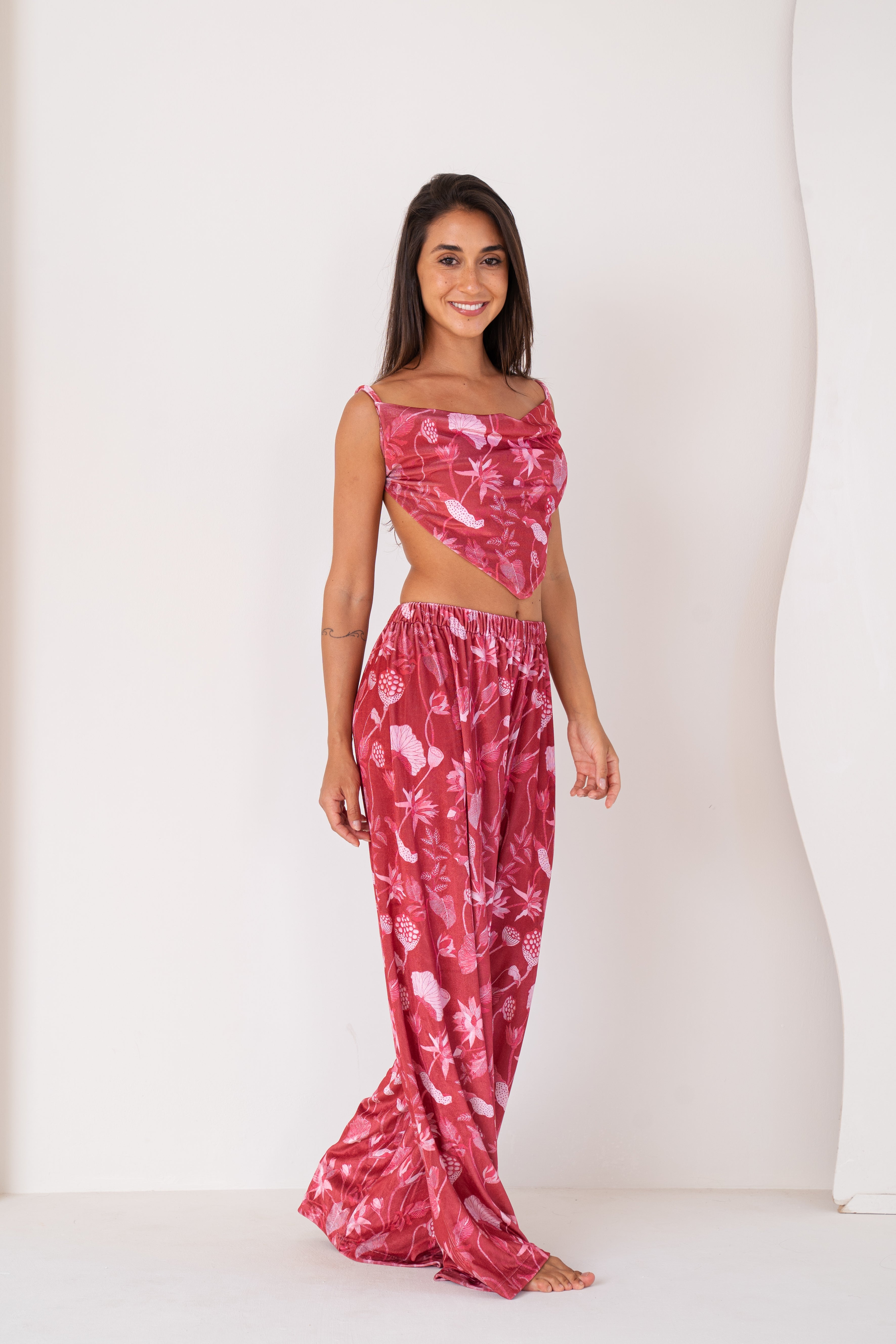 Rosy Velvet | V Shaped Top And Wide Pants Set