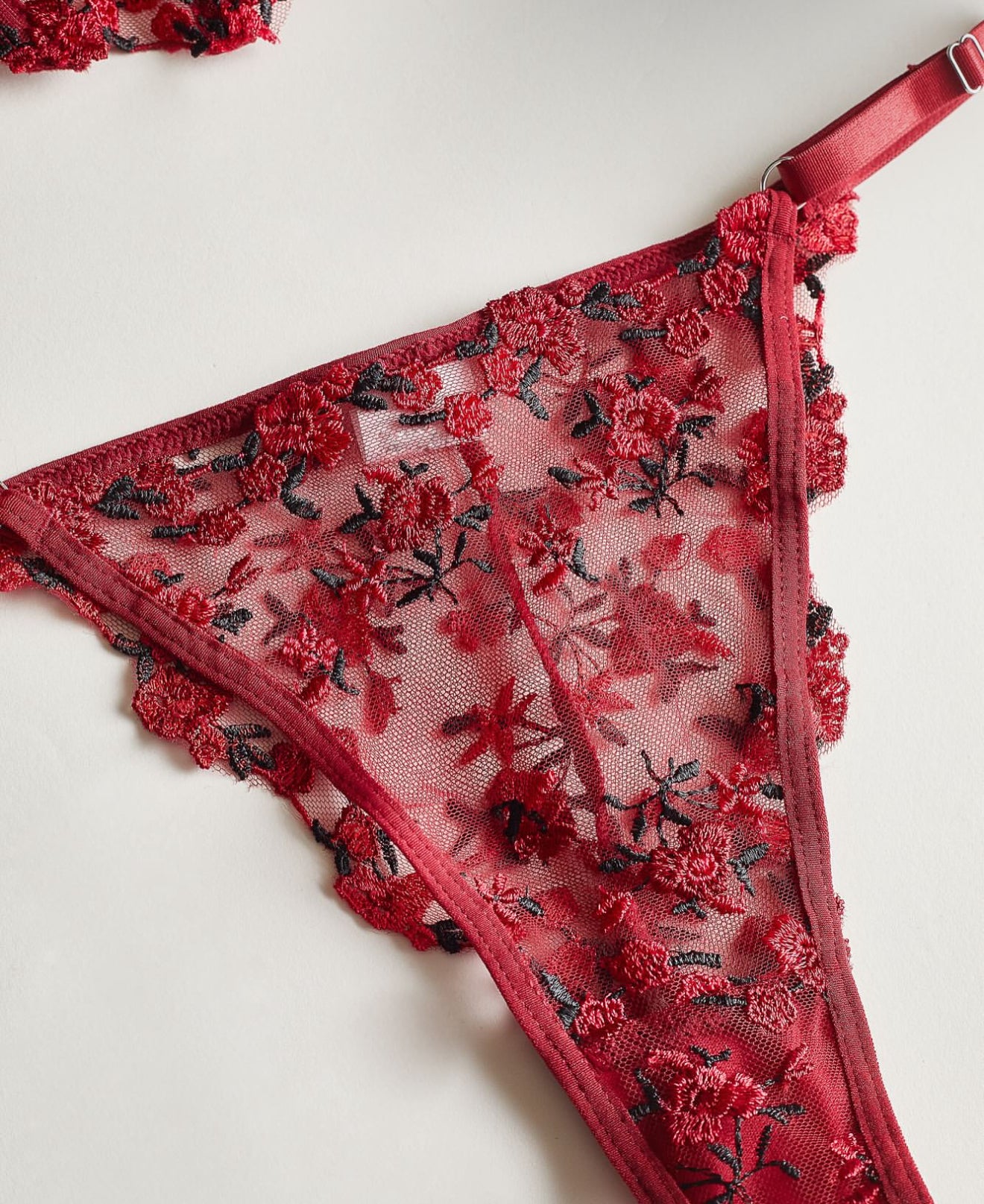 Dark Red Embroidered Lingerie Set